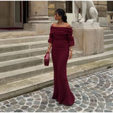 Burgundy Off Shoulder Fold Knit Midi Dress-Outfit