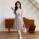Collar Long-Sleeved Knitted Dress Women's Autumn 2024 New French Slim A-Shaped Pleated Bottom Skirt-Outfit