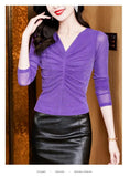 Photos Shinning Mesh Top Tshirt Women Pleated V Neck Long Sleeve Hot Pressing Ringstones Stretchy Tees T-Shirts-Outfit