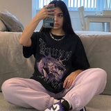 American high street retro solid color cartoon printed short-sleeved T-shirt women's park pure cotton casual loose top