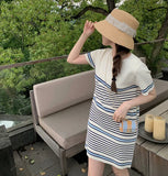 Fongt Summer New Striped Knitted Temperament Sexy Knitted Ice Silk Cover Head Short Sleeve Splicing Dress Woman