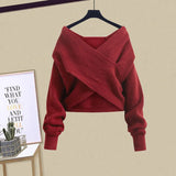 Winter Knitted 2 Piece Sets Women Long Sleeve Knitted Sweater And High Waist Mesh Long Skirts Sets For Women