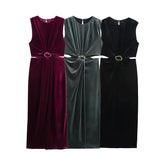 Fongt Women's Clothing 2025 New Elegant Sleeveless Buckle Embellishable Velvet Fande Dress