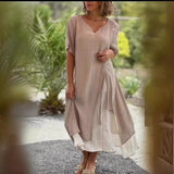 Fashion V-Neck Short-Sleeved Fake Two Asymmetrical Dress Women's Dress 2025 Spring And Summer