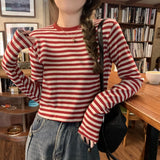 Fongt Color Striped Long-Sleeved T-Shirt Female Autumn 2024 New Casual Look Thin With A Bottom Shirt Short Student