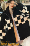 High Street Zip Up Plaid Quilted Coat Women Harajuku Lamb Wool Jacket Retro Patchwork Loose Winter Outwear Preppy
