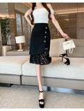 Black Lace Patchwork High Waist Pencil Skirt-Outfit