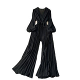Sleeve Jumpsuit Spring Style V-Tie Waist Long Style Pleated Wide-Leg Trousers-Outfit