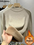 Warm Sweater Pullover Women Slim Thicken Plush Velvet Lined Knitwear Jumper Korean Half Turtleneck Poleras Soft Knit