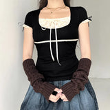 Fongt Court Square Collar Chest Pleated Belt Solid Color Shoulder Short Sleeve T-Shirt 2023-Outfit