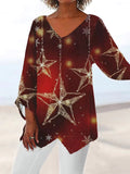 Fongt Women's Clothing 2025 Summer New T-Shirt Casual Loose Irregular Print Long-Sleeved V-Neck Top