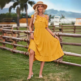 Fongt Summer Leisure Clear New Women's Single Shoulder Solid Color Flounce Waist Dress-Outfit