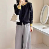 Fongt Round-Neck Knitted Cardigan Women Autumn Small Senior Design Sense Color Long-Sleeved Sweater Coat Top
