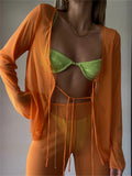 Sexy Tie Up Mesh T-shirts Chic Women See Through Long Sleeve Sun Protection Cover-Ups Blouses Elegant Lady Beach Tops-Outfit
