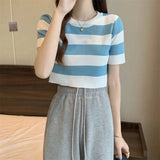 Fongt Classic Bump Striped Short-Sleeved Ice Silk Knitted Women's Summer T-Shirt Short Repair Small Shirt