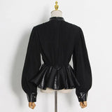 TWOTWINSTYLE Black Pu Leather Blouse Ruffle High Waist Patchwork Knitted Lantern Sleeves Streetwear Blouses 2021 Fashion