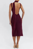 Burgundy Sleeveless Mesh Slit Drape Midi Dress-Outfit