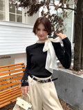 Fongt Xixi 2025 Autumn White Standard Korean Version Of Elegant Temperament Solid Color Tie With Thin Knitted Shirt Top Female 25430