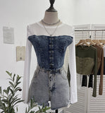 Real Shooting Denim Splicing Mesh Design Long-Sleeved T-Shirt Wearing Rope Tie Short Repair Body Coat