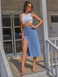 Side Slit Buttoned Denim Midi Skir-Outfit