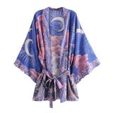 Women Blue Space Moon Flower Print Kimono Shirt Holiday Beach Tide Bow Sashes Mid Long Cardigan Blouse BOHO