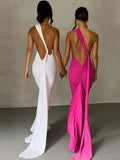Backless Sexy Maxi Dresses for Women 2023 Diagonal Collar Pleated Bandage Dress Elegant Party Evening Bodycon Dress