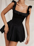 Black Square Neck Pleated Dress Mini Lovely Casual A Line Birthday Party Dresses Sexy Women Clothes-Outfit