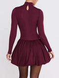Burgundy Turtleneck Long Sleeve Puff Skirt Mini Dress-Outfit
