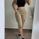 Fongt Women's Wear Tight Waist Slim Show Slim Casual Multi-Pocket Solid Color Cropped