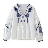 Fongt Women's Explosive V-Neck Embroidered Long-Sleeved Top