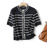 New Summer Style Small Fragrant Style Button Design Striped Cardigan-Outfit