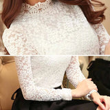 2023 Elegant Lace Crocheted Hollow Out Top Stand-up Collar White Blouse Woman Sweet Long Sleeve Shirts Blusas