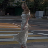 Fongt New Women's Wear Collar Bubble Sleeve Side Open Fork Wave Dot Long Dress