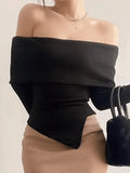 Off Shoulder Black Ribbed Long Sleeve Knit Top-Outfit