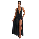 Summer New Women's Temperament Hanging Neck V Neck Dress Sexy Slit Fold Show Back Dress-Outfit