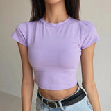 New Women's Wear Summer Basic Net Round-Collar Short-Sleeved Solid Color Navel Slim Short T-Shirt-Outfit