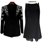 Fongt New Star Fashion Heavy Industry Diamond Nail Beads Blazer Open Fork Fishtail Long Dress