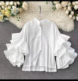 Shirt Woman Multilayer Flounce Horn Sleeve Shirt Loose Versatile Small Stand-Outfit