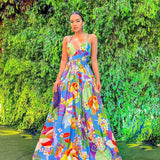 Fongt Summer New Women's Wish Dress Holiday Print Shoulder Slings Long