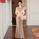 Fongt New Temperament Long-Term Cash Waist Fishtail Skirt Wedding Dress Elegant Gold Squine Mother Dress