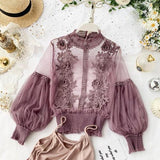 Sheer Lace Lantern Sleeve 3D Floral Elegant