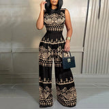 2023 Women's Casual Jumpsuits Geometric Print Sleeveless Wide Leg Jumpsuit Spring Summer Sets Outfits Female Overalls