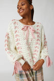 White Cabel Knit Pink Ribbon Bow Sweater-Outfit