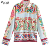 Spring 2023 Women Vintage Print Shirt Long Sleeve Single Breasted Blouse Chic Female Satin Tops Blusas Mujer