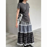Patchwork Lace Plaid Maxi Skirt-Outfit
