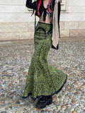 Green Lace Printed Trumpet Long Skirt-Outfit