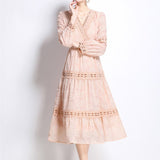 Fongt Court Wind Shattered Flower Lantern Sleeve Dress Women's Spring New Hollow Hook Flower V Collar Light Luxury Temperament Long Dress