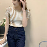 Summer Round Collar Thin Striped Ice Knitted Jersey Short-Sleeved T-Shirt Blouse