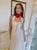 White Lace Buttoned Halter Midi Dress-Outfit