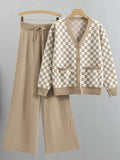 Plaid Sweater Two Piece Set Fall Winter V-neck Knit Cardigan Jackets Conjuntos Casual High Waist Wide Leg Pants Outfits
